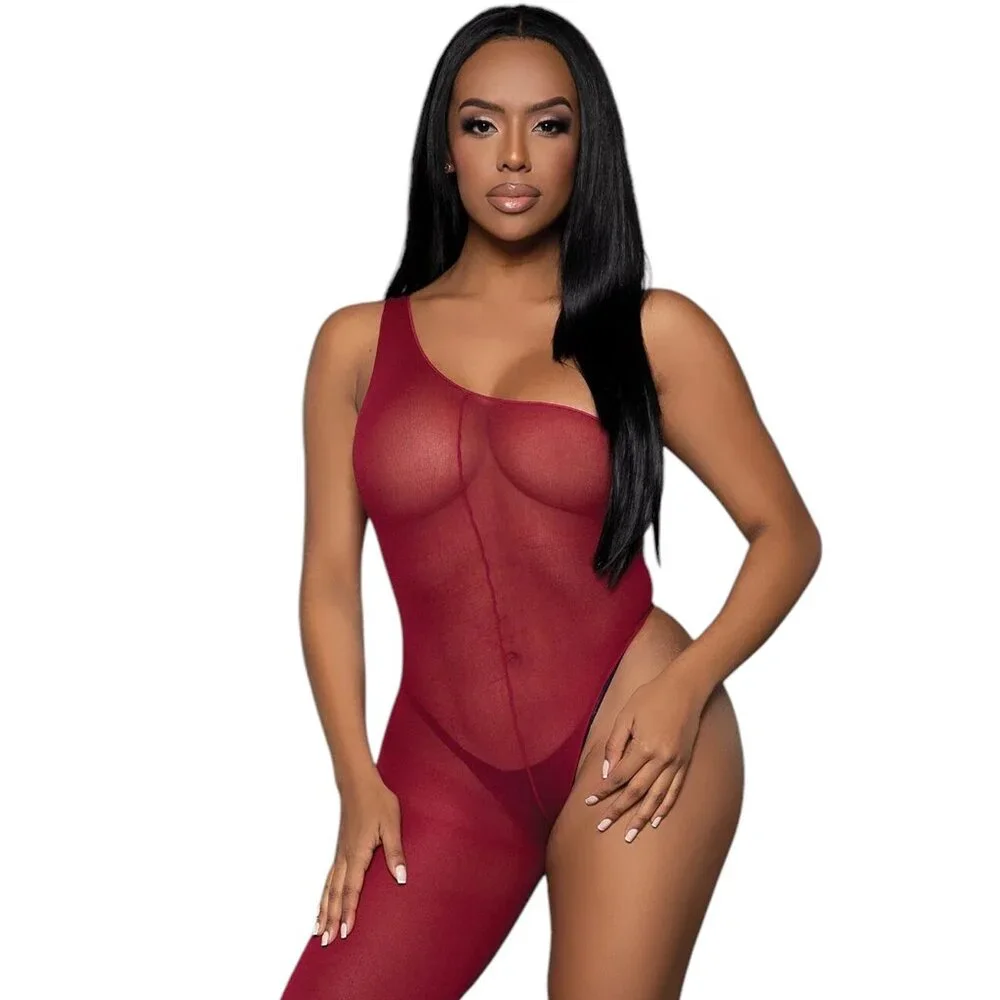 Asymmetrical Bodystocking One Shoulder Leg - Burgundy